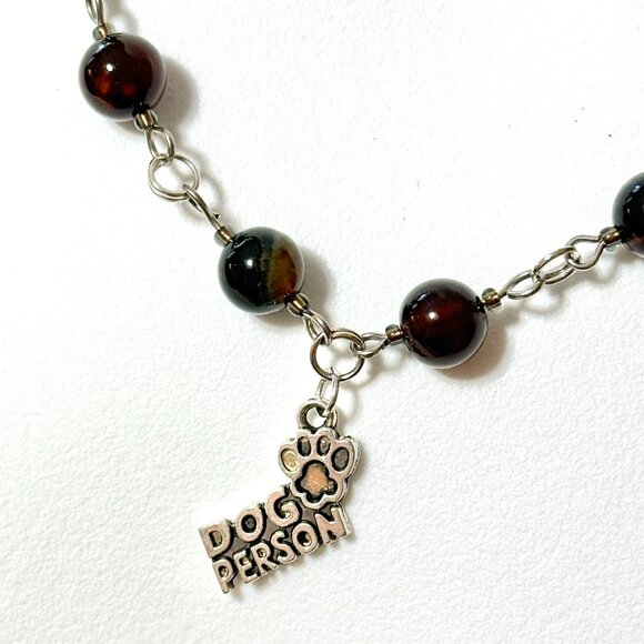 Genuine Dark Brown Agate Necklace, Natural Gemstone & Dog Person Paw Print Charm - Picture 1 of 15